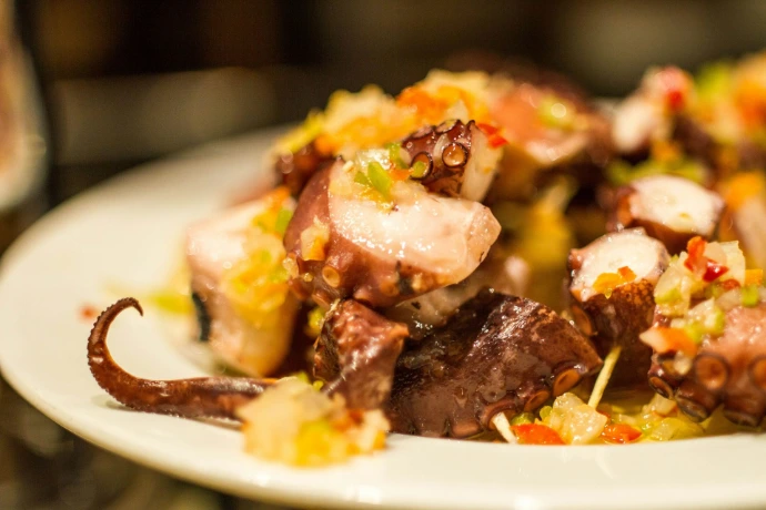 Primer plano muy detallado de un plato de comida que contiene trozos de pulpo cocido, aliñado con una vinagreta de verduras finamente picadas (pimiento y cebolla).